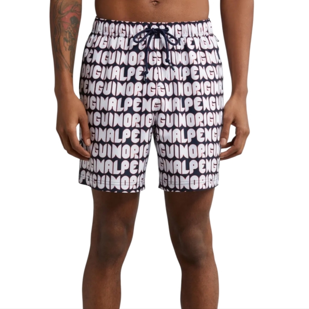 ORIGINAL PENGUIN All Over Print  Volley Swim Trunk Dark Sapphire Size XL NWT